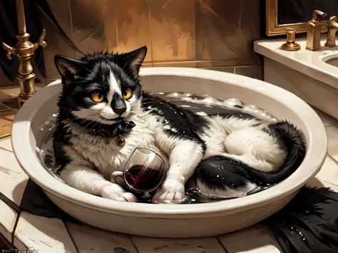 realistic, a black and white bicolor cat, feral, chonkey, , black lower lip, yellow eyes, cute, in a regal bathroom, lying in a ...