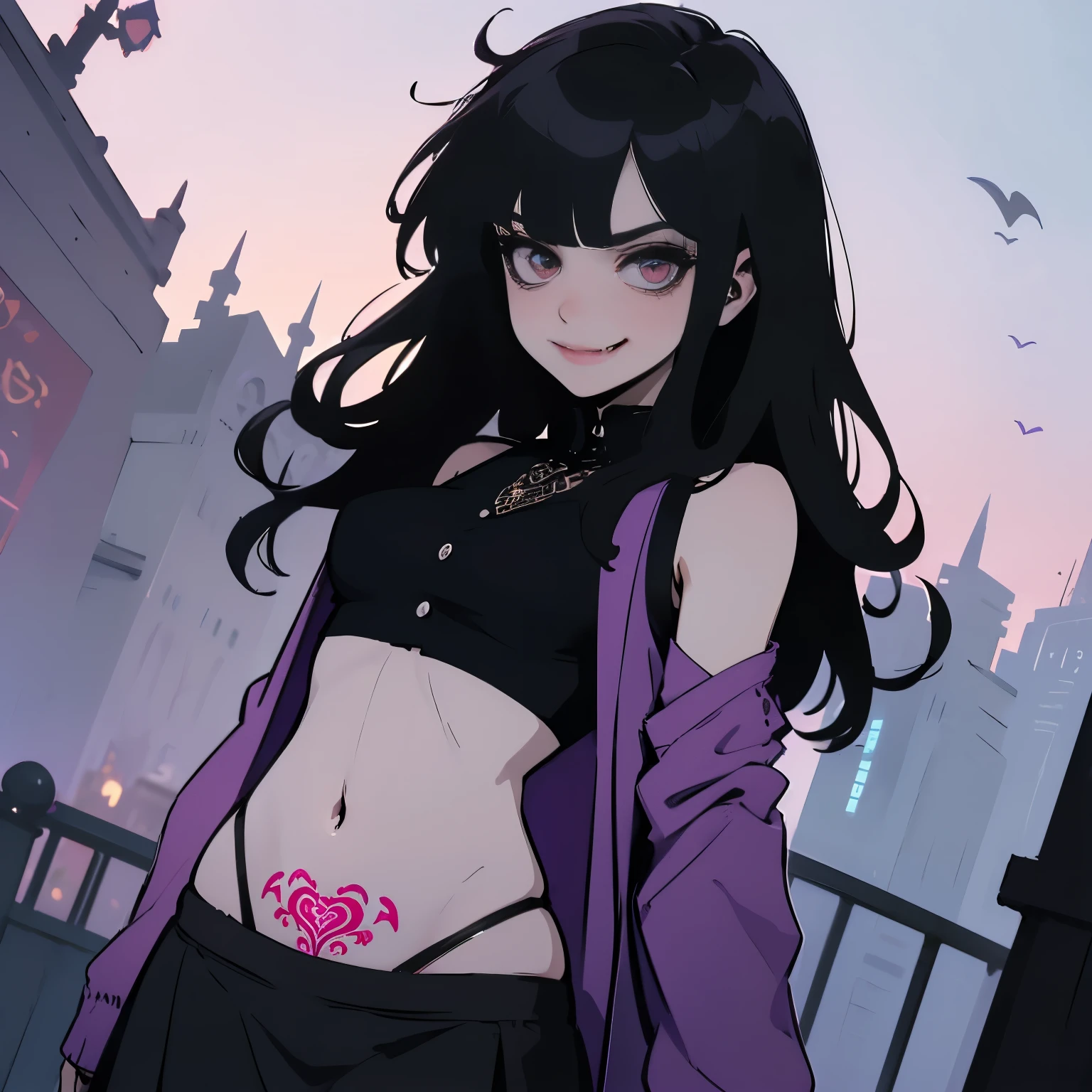 1 girl, solo, anime girl, vampire girl, gloomy coquettefashion, dark coquette, black cardigan, crop top, black skirt, low waisted skirt, thong underwear, blood in clothes, bloody bandages around wrists, (black hair, bangs, long hair, messy hair) heart-shaped pupils, pink eyes, longeyelashes, crazy eyes, smirk, yandere, menhera, fang, anime, depth of field, masterpiece, high quality, ((womb tattoo))