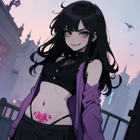 1 girl, solo, anime girl, vampire girl, gloomy coquettefashion, dark coquette, black cardigan, crop top, black skirt, low waisted skirt, thong underwear, blood in clothes, bloody bandages around wrists, (black hair, bangs, long hair, messy hair) heart-shap...