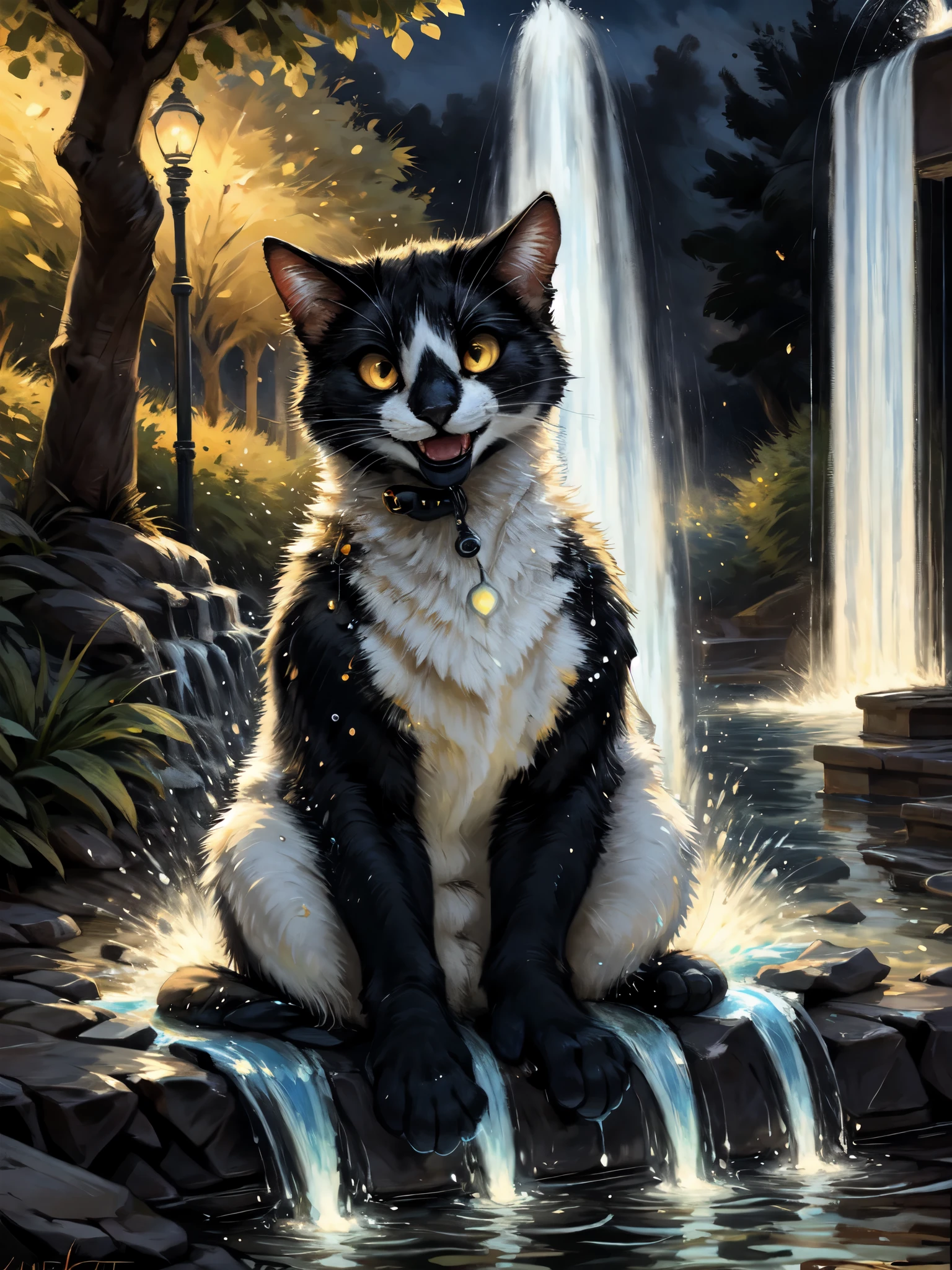 一隻黑白雙色貓, 野性的, 下唇黑色, 黃眼睛, 可愛的, 戶外, 在公園, 坐著, 在神秘的噴泉前, 發光的藍色水從噴泉噴出, 他看起來很高興, 透過肯克特