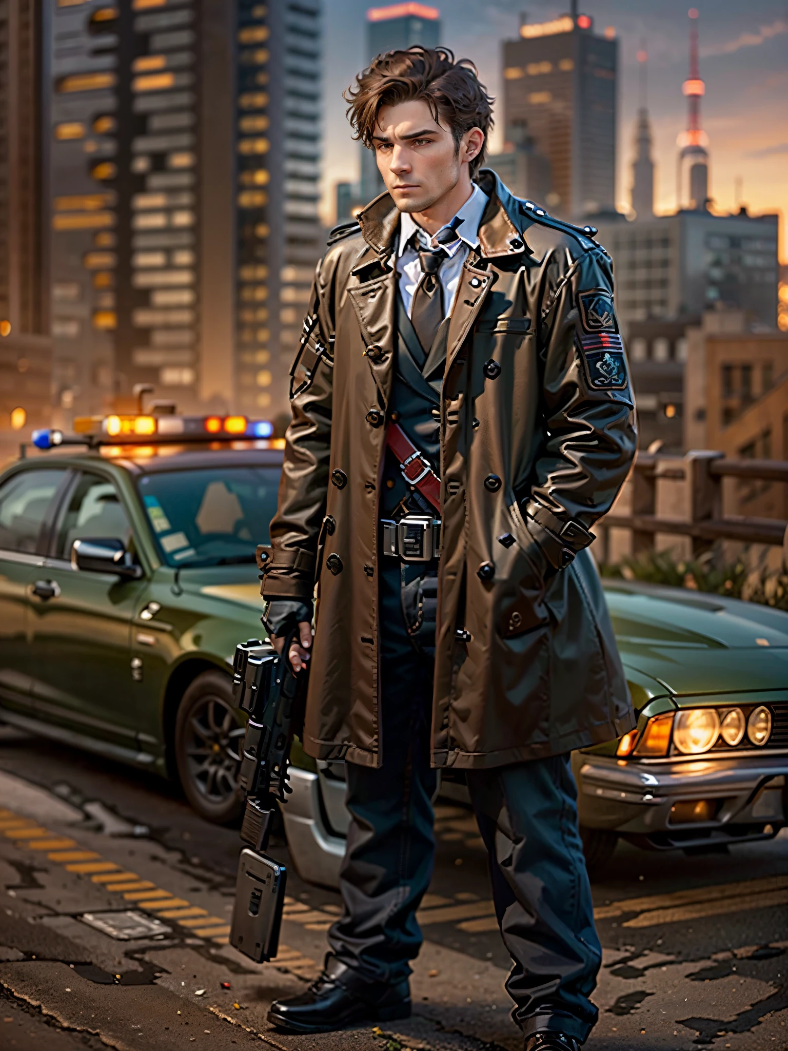 (((pixel-perfect, detail-perfect))), 1boy, male focus, solo focus, mature adult, canadian police officer, detective, dark brown suit and tie, trenchcoat, brown hair, dark hazel eyes, ((using handgun, Glock17)), in front of a patrol cruiser, toronto city backdrop, cowboy shot, sunset, serious look on his face, no hat, ((only five fingers)), adetailer