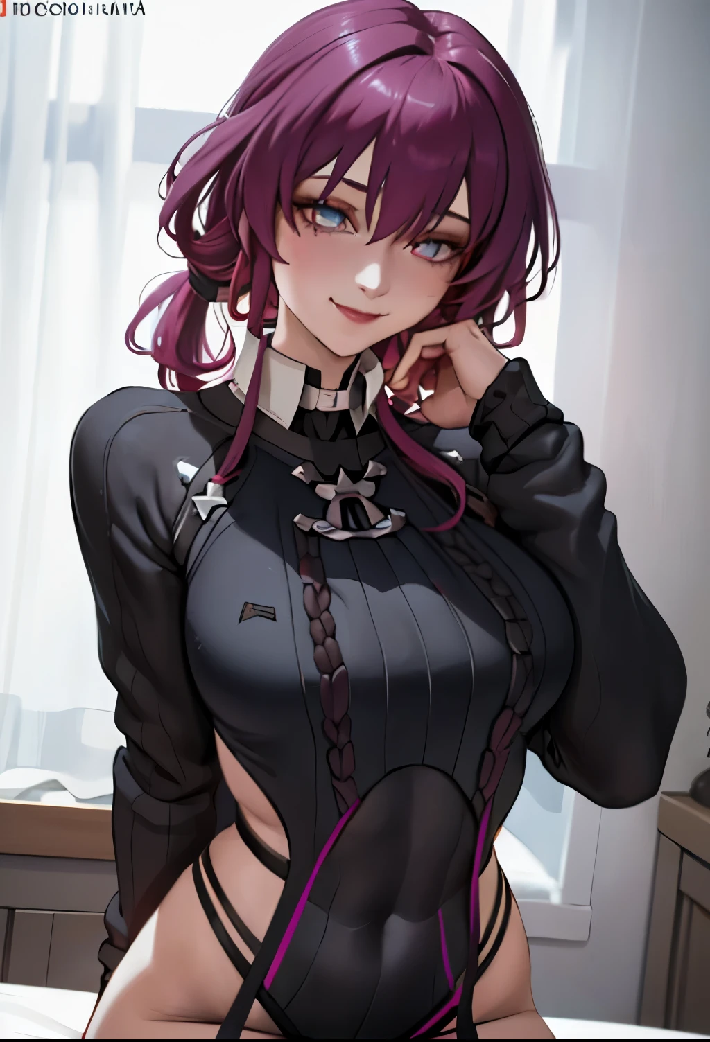 Anime girl with purple hair and black top posing in a room - SeaArt AI