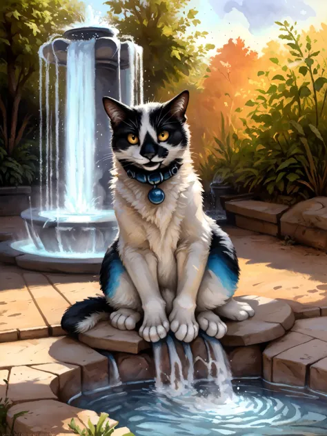 a black and white bicolor cat, feral, black lower lip, yellow eyes, cute, outdoors, at a park, sItting, in front of a mystical water fountain, glowing blue water spraying from water fountain, he looks happy, by kenket