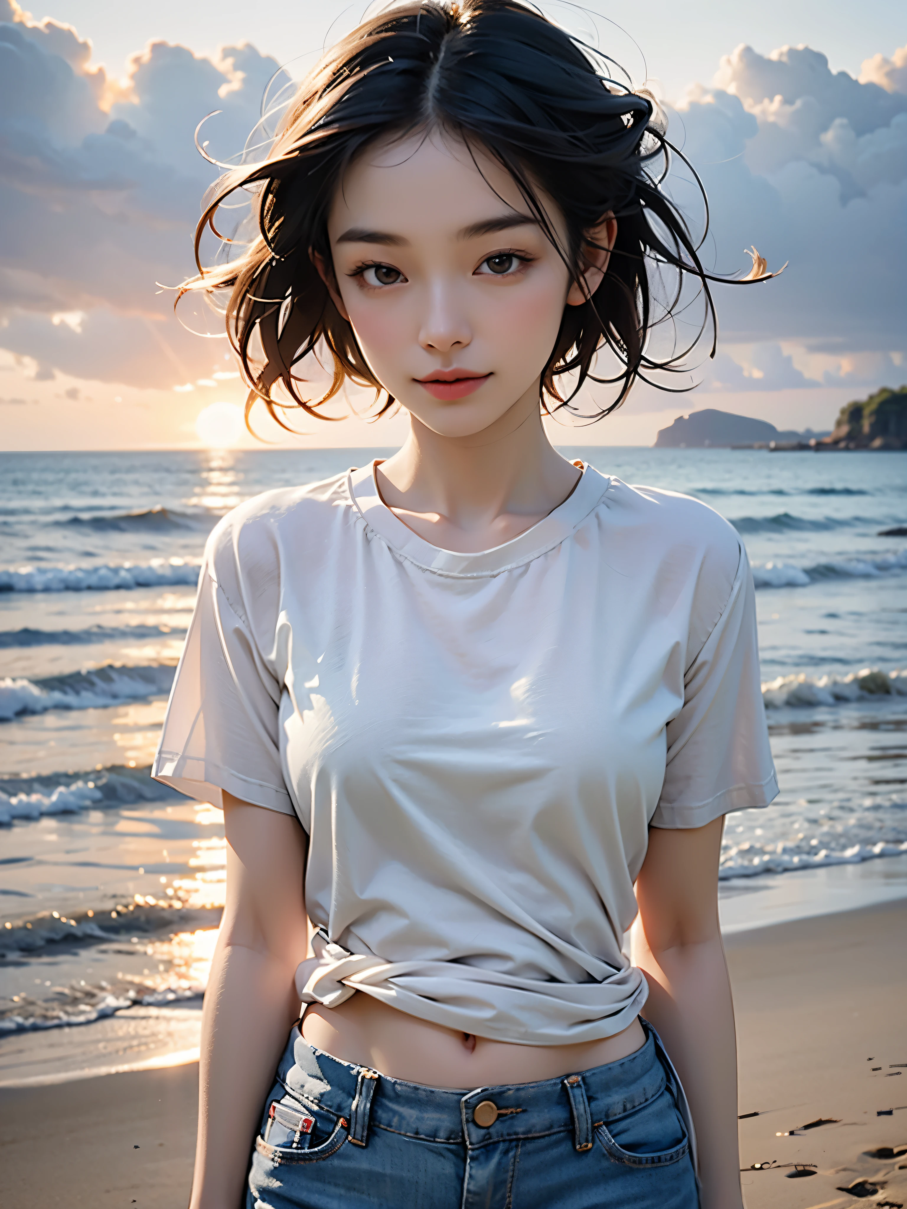 Create an image of an Asian woman with short hair., Wear a thin white t-shirt. and jeans shorts. Turn to look at the people watching on the beach., The sun is behind, natural light