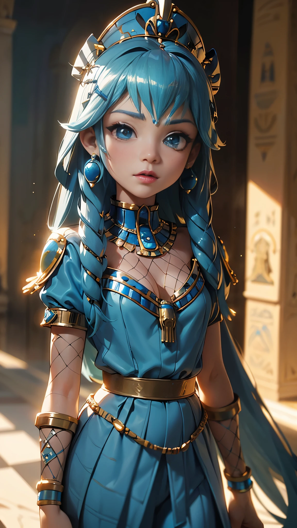 (La Best Quality,A high resolution,Ultra - detailed,actual),Ariana Grande in Cleopatra Pharaoh costume ,princess egypt, (Egypt palace background),More detailed 8K.unreal engine:1.4,UHD,La Best Quality:1.4, photorealistic:1.4, skin texture:1.4, masterpiece:1.8,first work, Best Quality,object object], (detailed face features:1.3),(The correct proportions),convex，(camel toes)，(fishnet:1.4),(Beautiful blue eyes) ,(blue water background), (cleopatra pharaoh:1.4) 