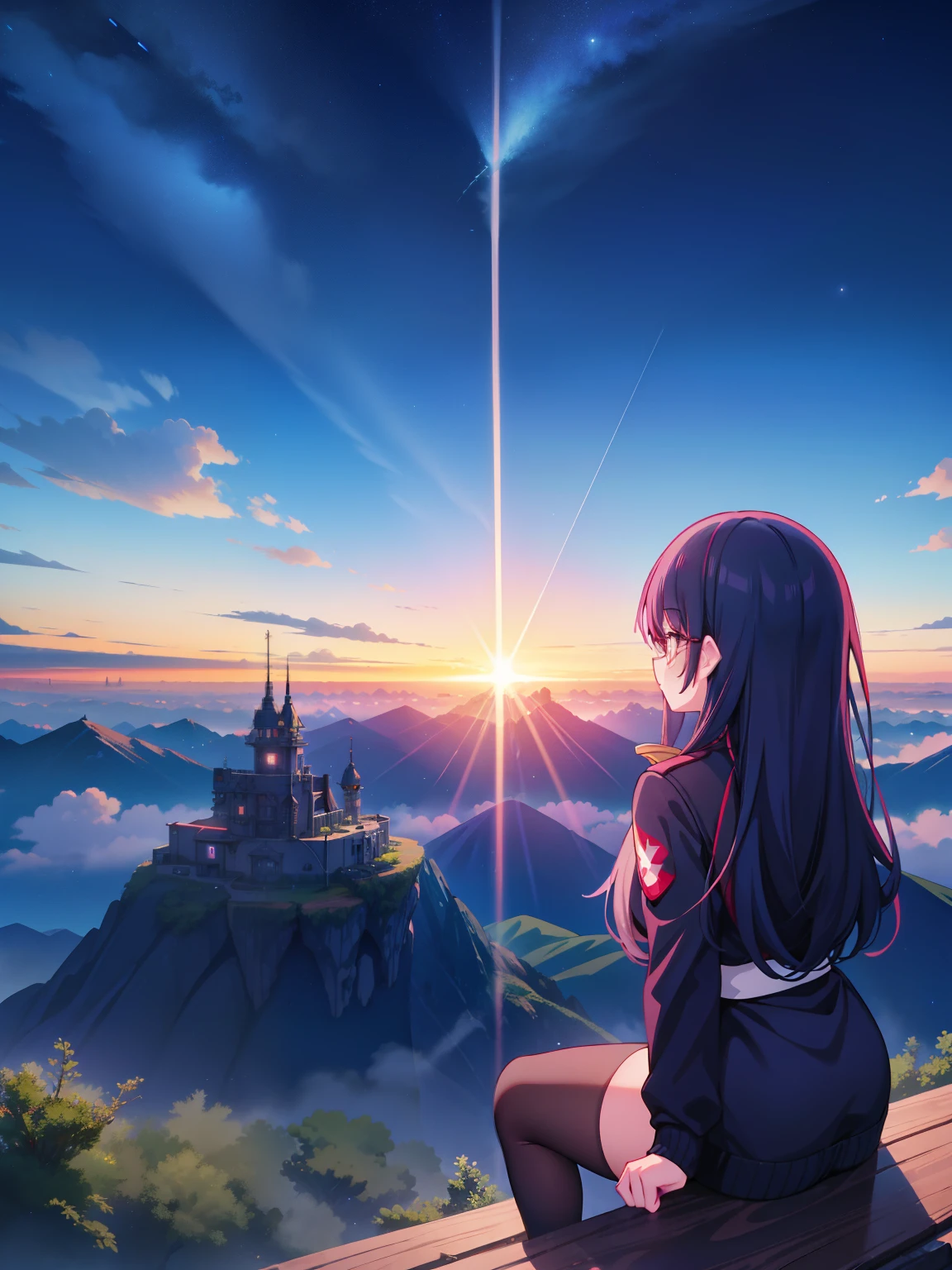 shinkai Mokoto and Ghibli anime style, from behind,above the cloudthree girls and a boy are standing in front of a night sky, girls frontline universe, guweiz on pixiv artstation, girls frontline cg, 4 k manga wallpaper, artwork in the style of guweiz, best anime 4k konachan wallpaper, kantai collection style, guweiz on artstation pixiv, guweiz, girls frontline style
l in adventure outfit sitting on a mossy stage looking at the majestic lost city and the giant world tree next to it, lost city above the cloud and towering sky, magical glowing partical, vibrant dreamy colorful sky and fluffy clouds, books, apple, glasses, calm,petal,wind blowing hair,sun shine
