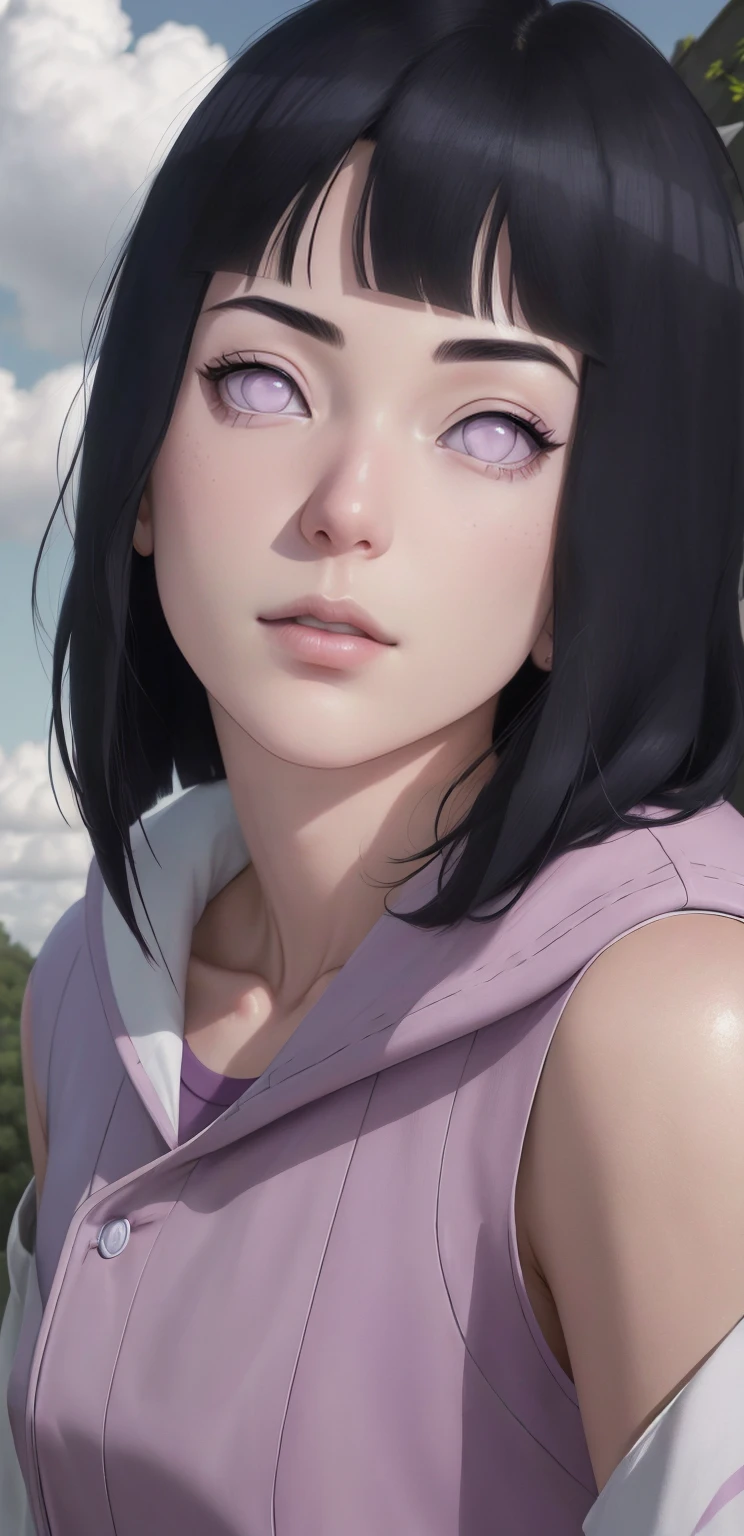 { - anatomy error}(Masterpiece - Ultra-detailed, very high resolution) , absurdos, Hinata\(Boruto\), 1girl, sozinho,Mature female, Capuz roxo,mangas em camadas, jeans, ao ar livre, Cloudy sky, perfect composition, circunstanciado lips, peito grande, beautiful face, body propotion, corar, (pink lips), cabelos pretos curto (black hair), lilac eyes, olhar suave, super realistic, circunstanciado, Photo Session, rosto e corpo realistas, Realistic hair, olhos realistas, nariz realista, realistic lips, anime, walking with lilac shoes.