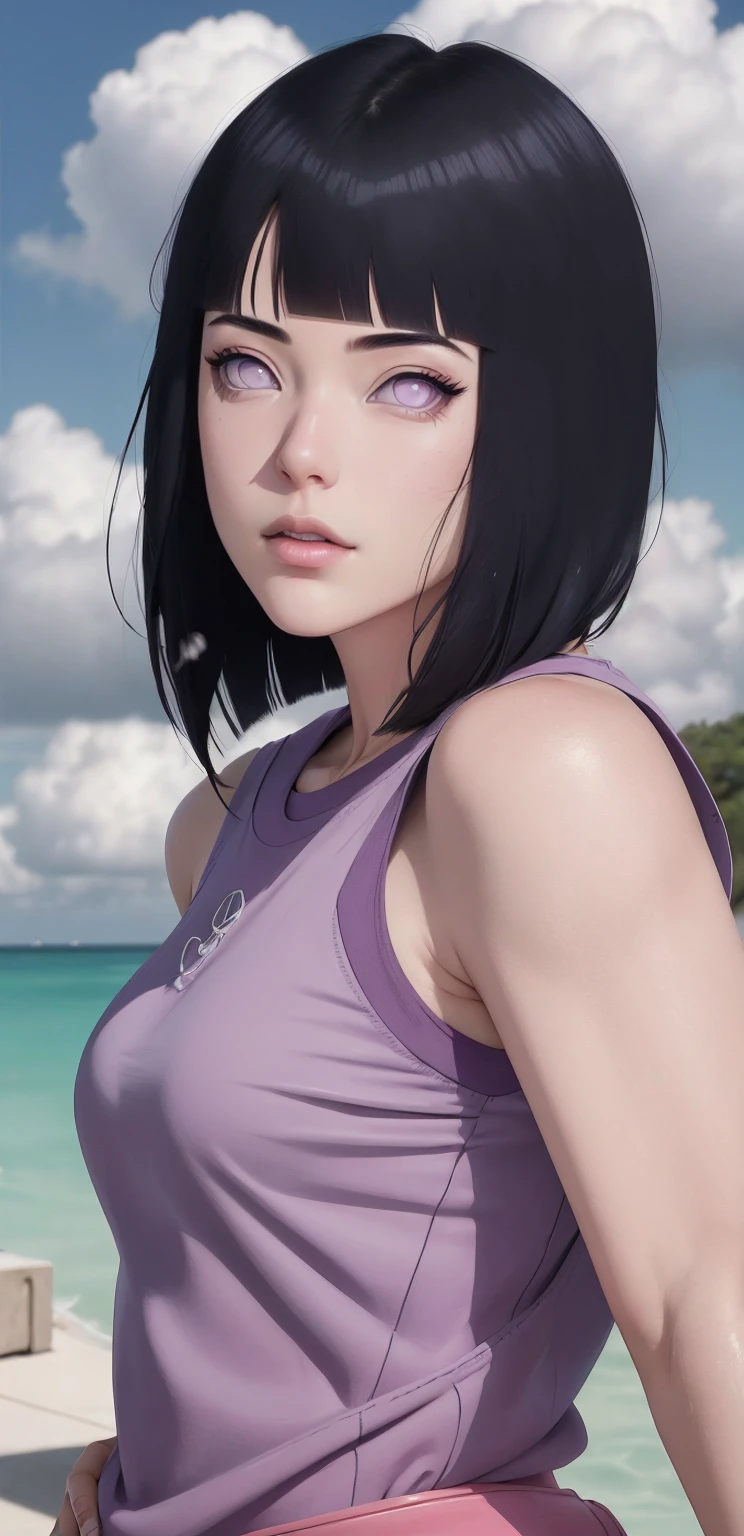 { - anatomy error}(Masterpiece - Ultra-detailed, very high resolution) , absurdos, Hinata\(Boruto\), 1girl, sozinho,Mature female, Capuz roxo,mangas em camadas, jeans, ao ar livre, Cloudy sky, perfect composition, circunstanciado lips, peito grande, beautiful face, body propotion, corar, (pink lips), cabelos pretos curto (black hair), lilac eyes, olhar suave, super realistic, circunstanciado, Photo Session, rosto e corpo realistas, Realistic hair, olhos realistas, nariz realista, realistic lips, anime, walking with lilac shoes.