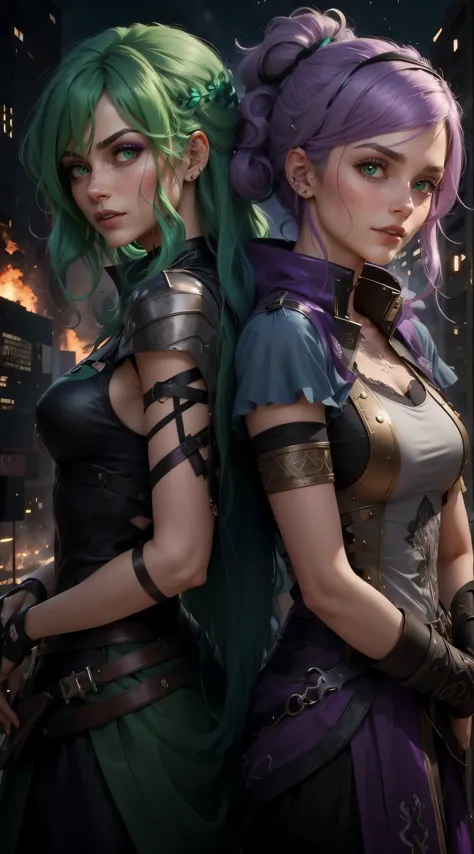 melhor qualidade, realista. 2 mulheres, one with lilac hair/roxo. a outra garota tem cabelos verdes/verde. they are in the middl...