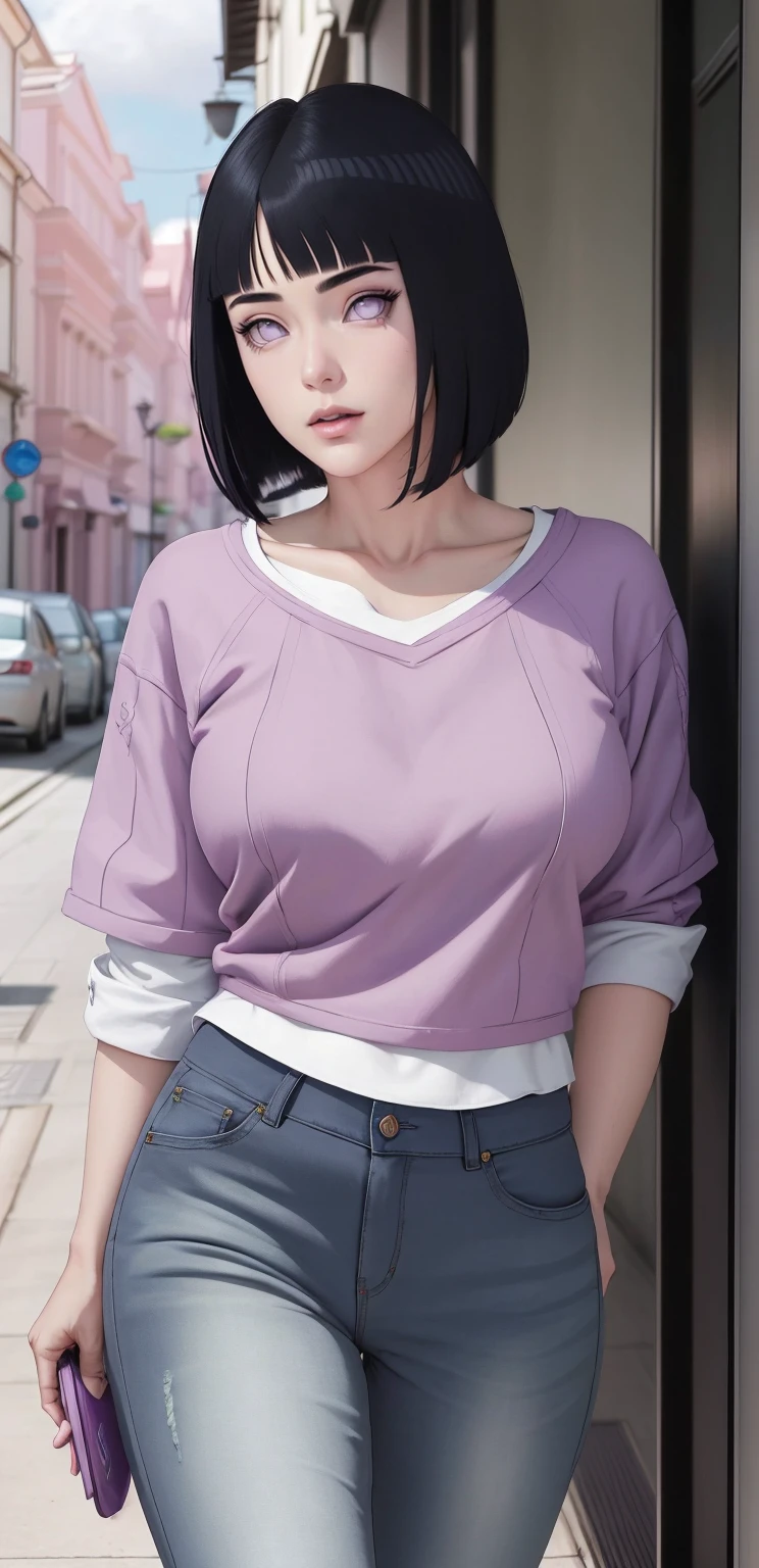 { - anatomy error}(Masterpiece - Ultra-detailed, very high resolution) , absurdos, Hinata\(Boruto\), 1girl, sozinho,Mature female, Capuz roxo,mangas em camadas, jeans, ao ar livre, Cloudy sky, perfect composition, circunstanciado lips, peito grande, beautiful face, body propotion, corar, (pink lips), cabelos pretos curto (black hair), lilac eyes, olhar suave, super realistic, circunstanciado, Photo Session, rosto e corpo realistas, Realistic hair, olhos realistas, nariz realista, realistic lips, anime, walking with lilac shoes.