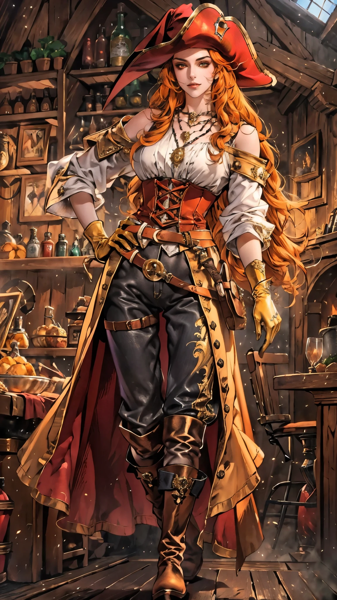 A beautiful woman with flowing orange long hair, exquisite facial features, a playful smile, confident eyes, a tall figure, a two-piece fantasy-style pirate robe coat, yellow as the main color, complemented by red accents, long wrist guard gloves on her hands, a gold belt around her waist with a short hem, leather pants, knee-high boots, standing with her hands on her hips in front of a fantasy medieval-style port tavern, this character embodies a finely crafted fantasy-style female pirate in anime style, exquisite and mature manga art style, high definition, best quality, highres, ultra-detailed, ultra-fine painting, extremely delicate, professional, anatomically correct, symmetrical face, extremely detailed eyes and face, high quality eyes, creativity, RAW photo, UHD, 8k, Natural light, cinematic lighting, masterpiece-anatomy-perfect, masterpiece:1.5