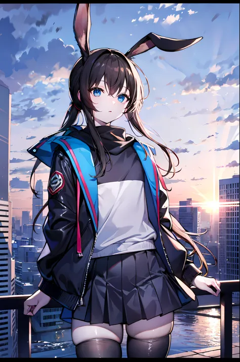 detailed, (masterpiece:1.2), (pale_skin:1.2), (solo:1.2), (female), (emphasis lines:1.3), slender, (brunette), outdoors, sky, blue eyes, dystopia, jacket, long hair, bunny_ears, thighhighs, skirts