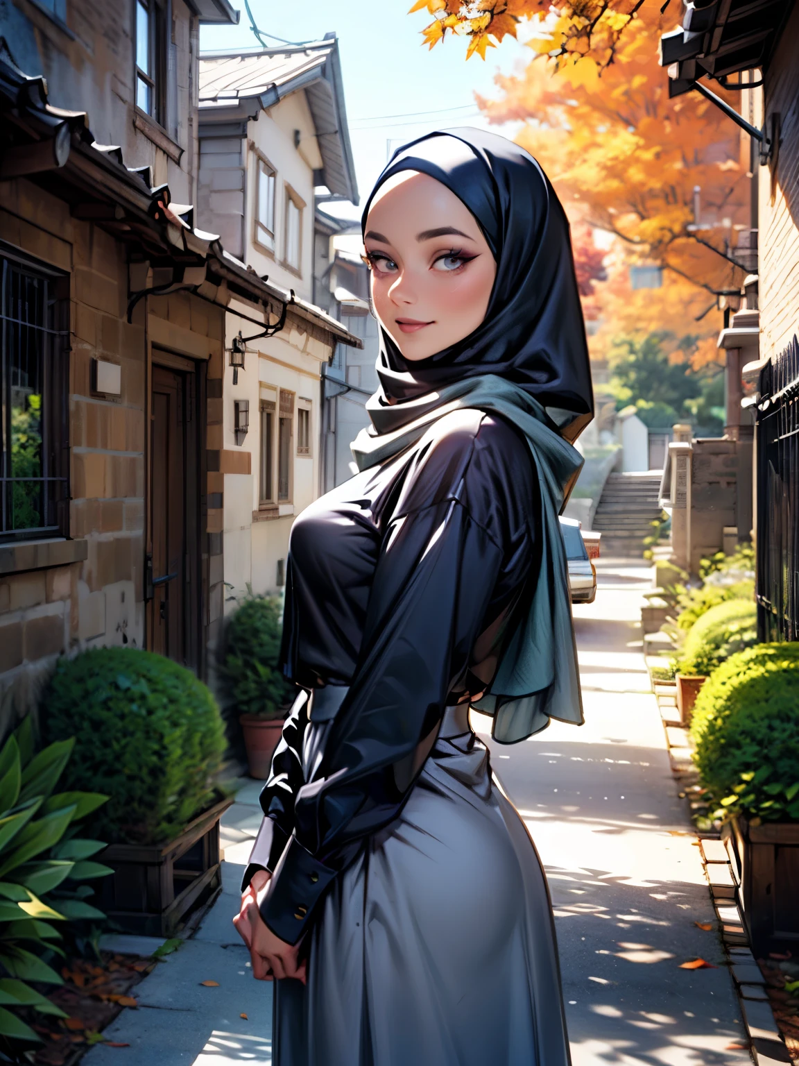 estilo 3dmm, Obra de arte, realista, melhor qualidade, melhor iluminação, linda mulher checa madura, 1 foto de garota solo, lindamente maquiagem, sombra, lábios entreabertos, olhos detalhados, olhos grandes, olhos castanhos, cílios longos, covinhas nas bochechas, Sorriso, vestindo ((Hijab de cetim azul escuro)), estilo hijab de maré solta, ((camisa de cetim cinza e saia longa de cetim)), (Retrato de meio corpo), vista frontal, Centro Simétrico, de frente para o espectador, caminhando pelas trilhas do jardim de outono.