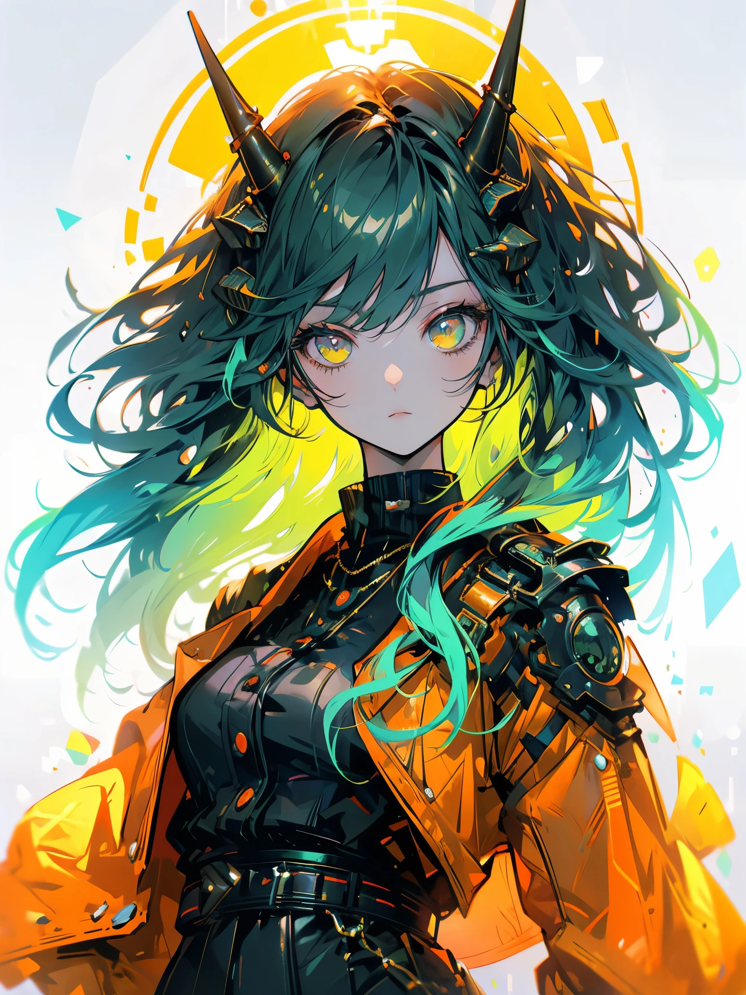 ((live 2D)) masterpiece, 1girl, full body, stands straight, steampunk clothes, military clothing, looking at viewer, detailed face, girl with green wavy hair, bangs, metal sheep horns, gradient hair, multicolored hair, light green hair, turquoise hair tips, wavy hair, gradient eyes, orange eyes, (simple background, white background: 1.3), big ass, thick ass, thick body
