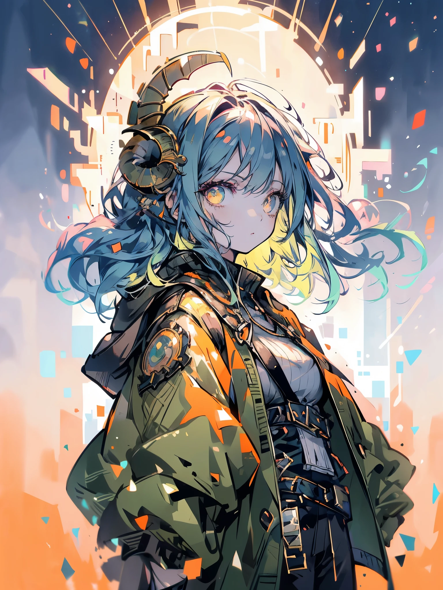 ((live 2D)) masterpiece, 1girl, full body, stands straight, steampunk clothes, military clothing, looking at viewer, detailed face, girl with green wavy hair, bangs, metal sheep horns, gradient hair, multicolored hair, light green hair, turquoise hair tips, wavy hair, gradient eyes, orange eyes, (simple background, white background: 1.3), big ass, thick ass, thick body
