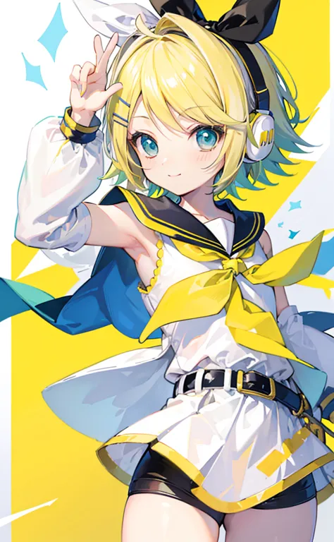 top-quality、super precision、Onegirl、(kagamine_Rin)、Green eyes、Cute  s、Shorthair、White hair ribbon、hair clips、headphones、a blond、...