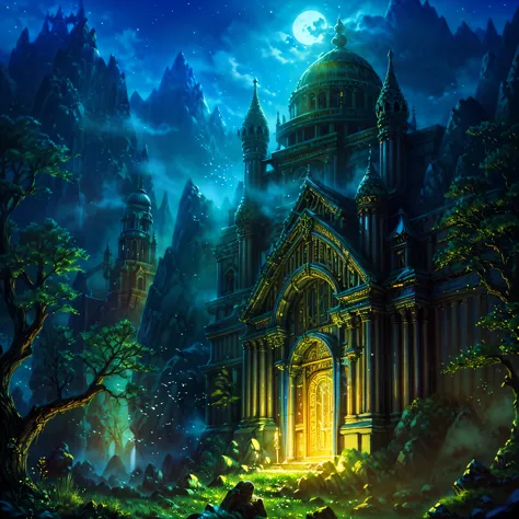 elven city, spiderweb buildings, mushroom architecture, moonlit scenery, blue light, magical ambience, mystical aura, ethereal b...