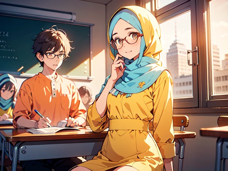 ((best quality)), ((masterpiece)), Boy and girl 18 years old Malay girl student wearing yellow hijab, yellow baju kurung with hijab, beutiful glasses, hijabi, sitting beside 18 years old Malay boy with soft short beard and spiky side comb hair wearing white , no glasses. A girl ask question from book. Classroom background with few Malaysia students. Inspired by Japanese anime, teasing master takagi san 