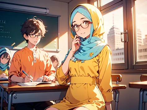 ((best quality)), ((masterpiece)), boy and girl 18 years old malay girl student wearing yellow hijab, yellow baju kurung with hi...