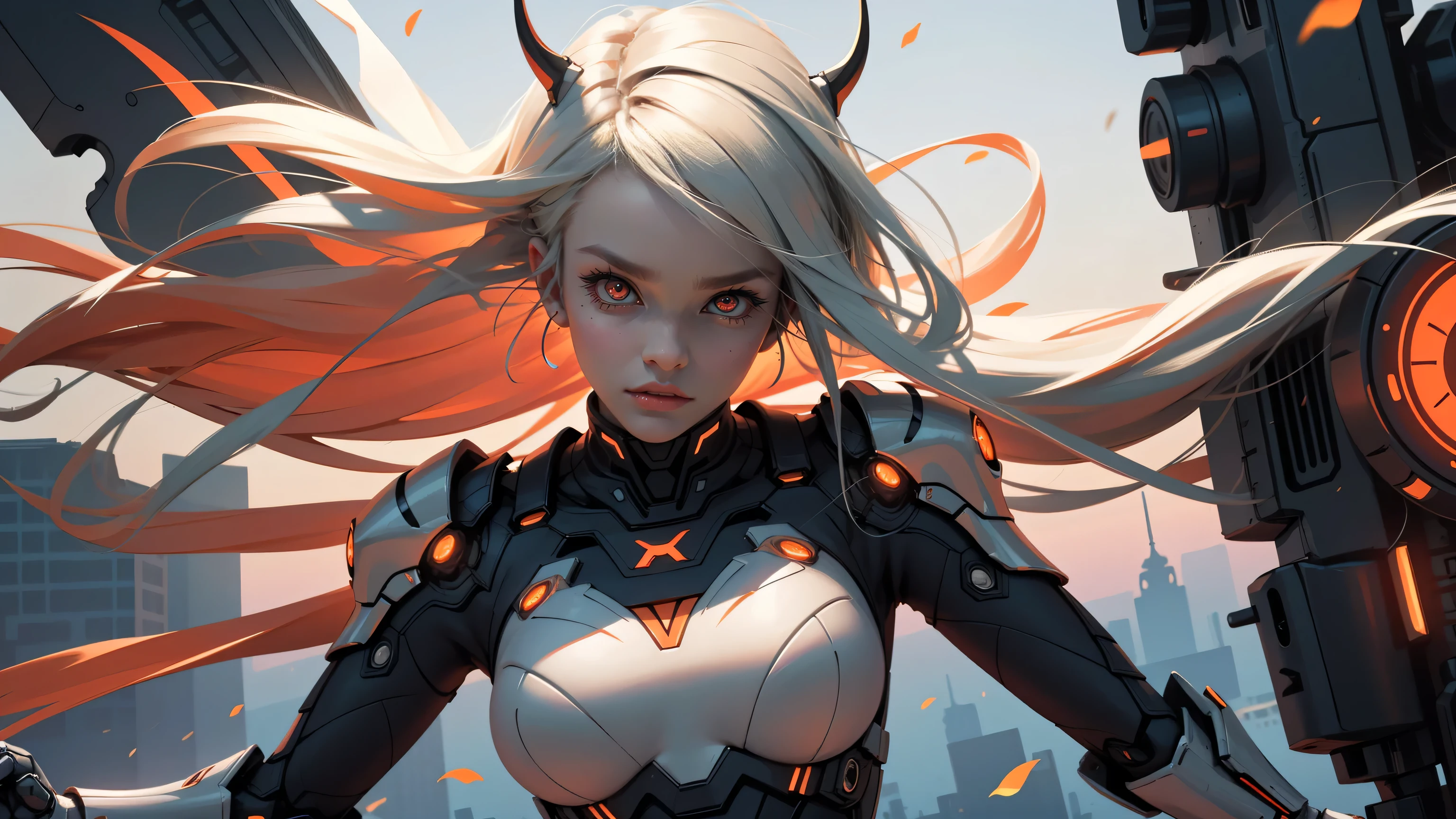 (sfw), intricate details, 1girl, night, (bright neon colors), ((flying over futuristic cyberpunk city)), detailed background, ( cyborg girl, ((cute perfect face, bright glowing red eyes)), (perfect anatomy,  perky breasts), (absurdly long gradient orange and white hair, hair blowing in the wind)), detailed ribbed impossible bodysuit, shoulder armor, cybernetic limbs, dynamic angle, 