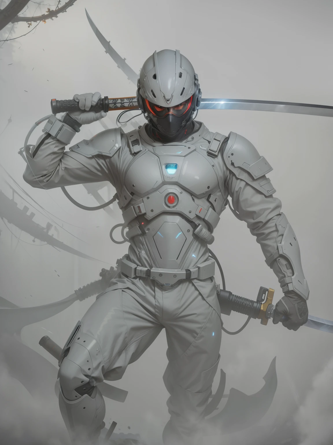 Realistischer und detailreicher männlicher Ninja, der ein Schwert auf dem Mund hält, in einem realistischen Sci-Fi-Plugsuit-Outfit in neonbeleuchteter, Meisterwerk, 4k, UHD, scharfer Fokus, filmische Beleuchtung, Mitternachtsaura, beste Qualität