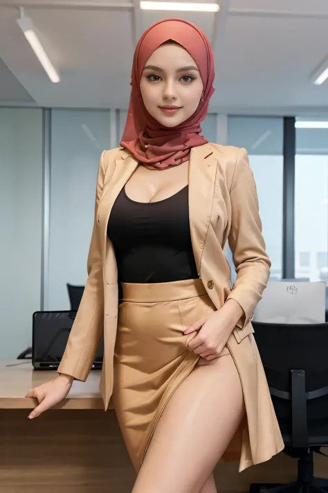 RAW, Best quality, high resolution, masterpiece: 1.3), 1 beautiful russian girl in full hijab, 20 years old,Masterpiece, perfect fit body, big breast, Soft smile,thick thighs,muslim close up of a woman, wearing elegant casual clothes, modern hijab, girl in...
