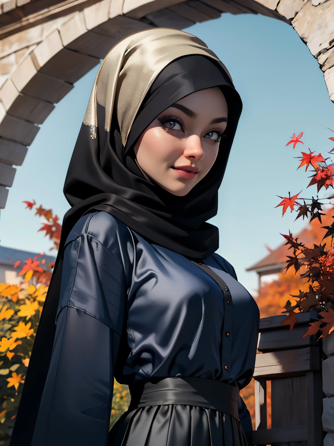 3dmm style, Masterpiece, realistic, best quality, best lighting, beautiful mature Czech woman, 1 girl photo solo, beautifully makeup, eyeshadow, Parted Lips, Detailed Eyes, Big eyes, brown eyes, long eye lashes, dimples on the cheeks, smile, wearing ((Dark blue satin hijab)), loosely tide hijab style, ((gray satin shirt and satin long skirt)), (Half-body portrait), Front view, Symmetric Centre, facing the viewer, walking on trails autumn garden.