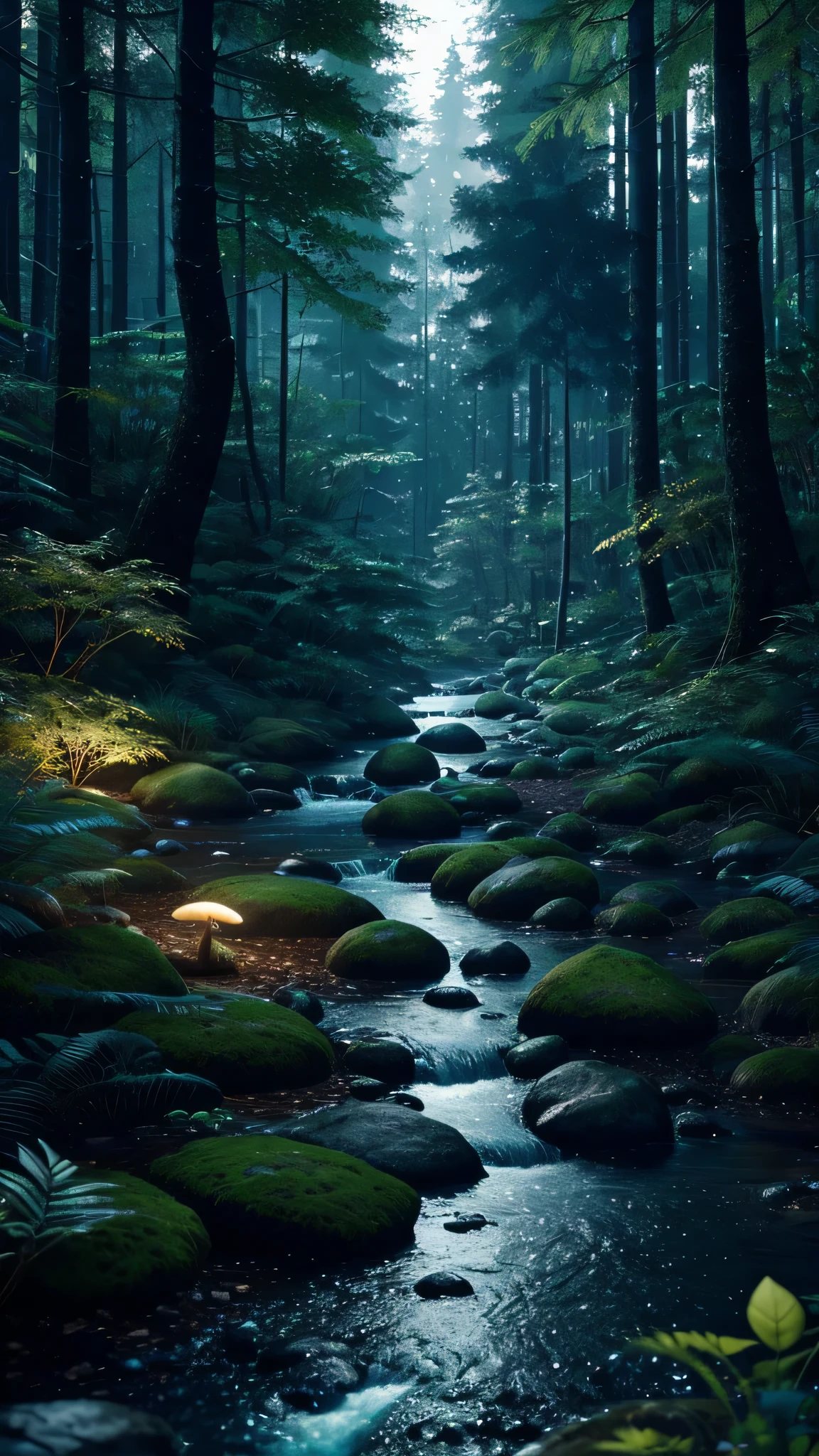 Wald mit biolumineszierenden Zauberpilzen, dichter Wald mit fließendem Bach, Bokeh, unwirklicher Motor, Maximale Qualität, 8k