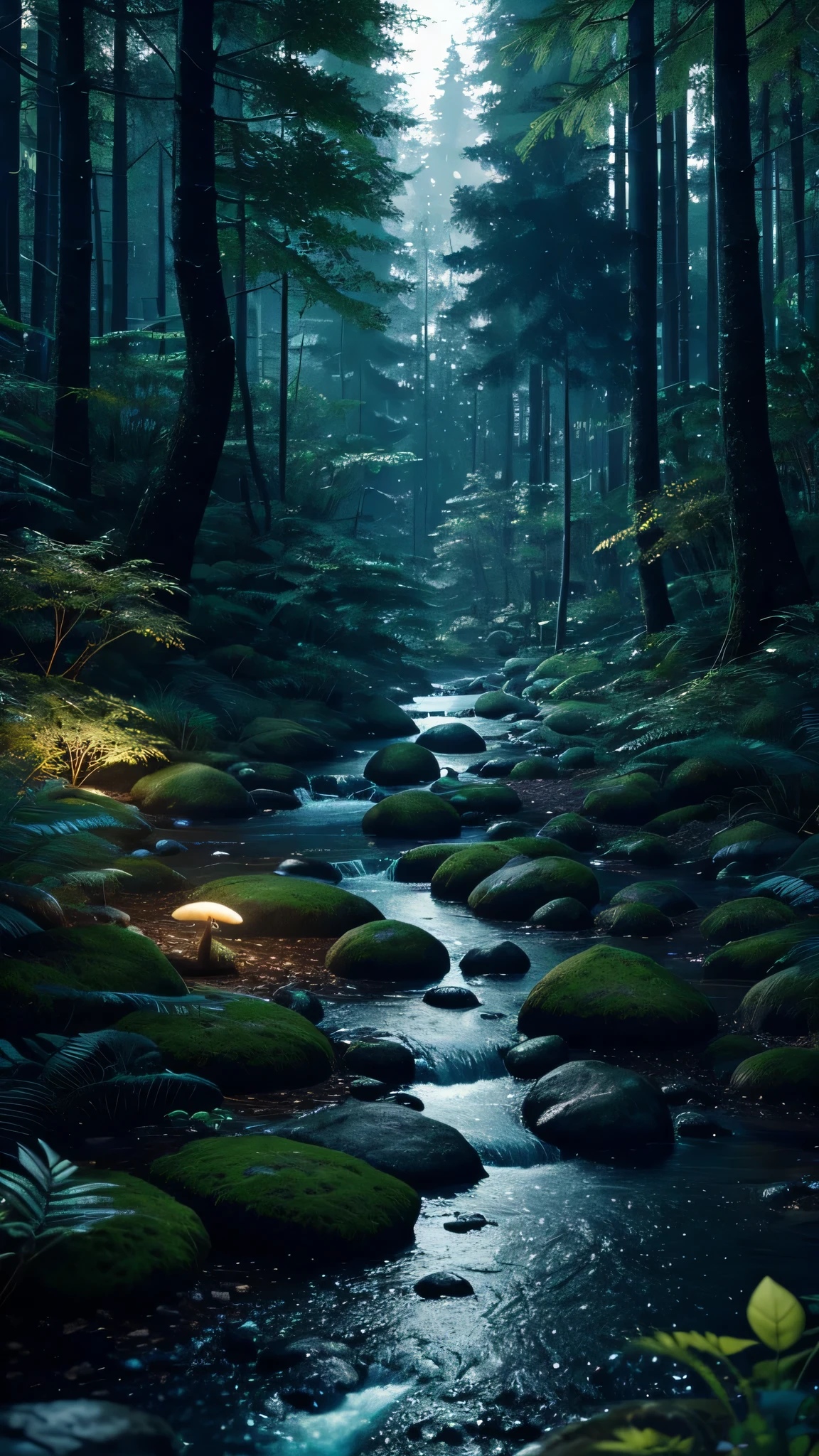 forêt aux champignons magiques bioluminescents, forêt dense avec un ruisseau qui coule, bokeh, moteur irréel, qualité maximale, 8k