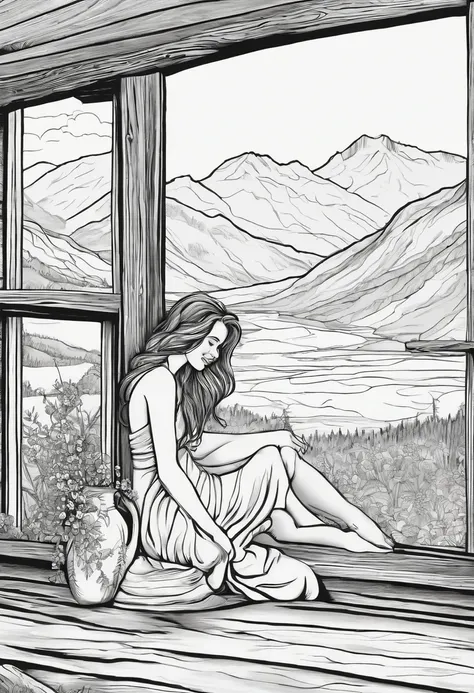 A black and white drawing of a woman sitting on a rock - SeaArt AI