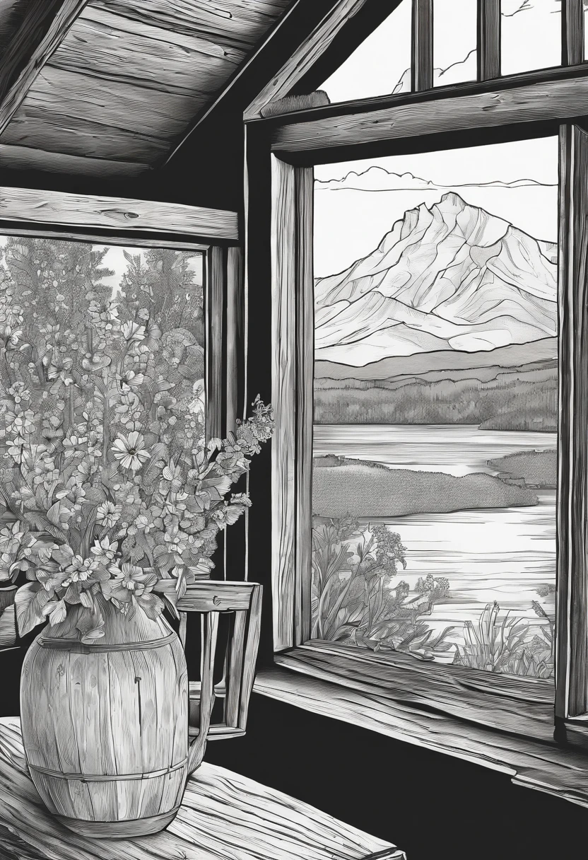 Coloring book line drawing , vase of wildflowers,sitting in rustic cabin  infront - SeaArt AI