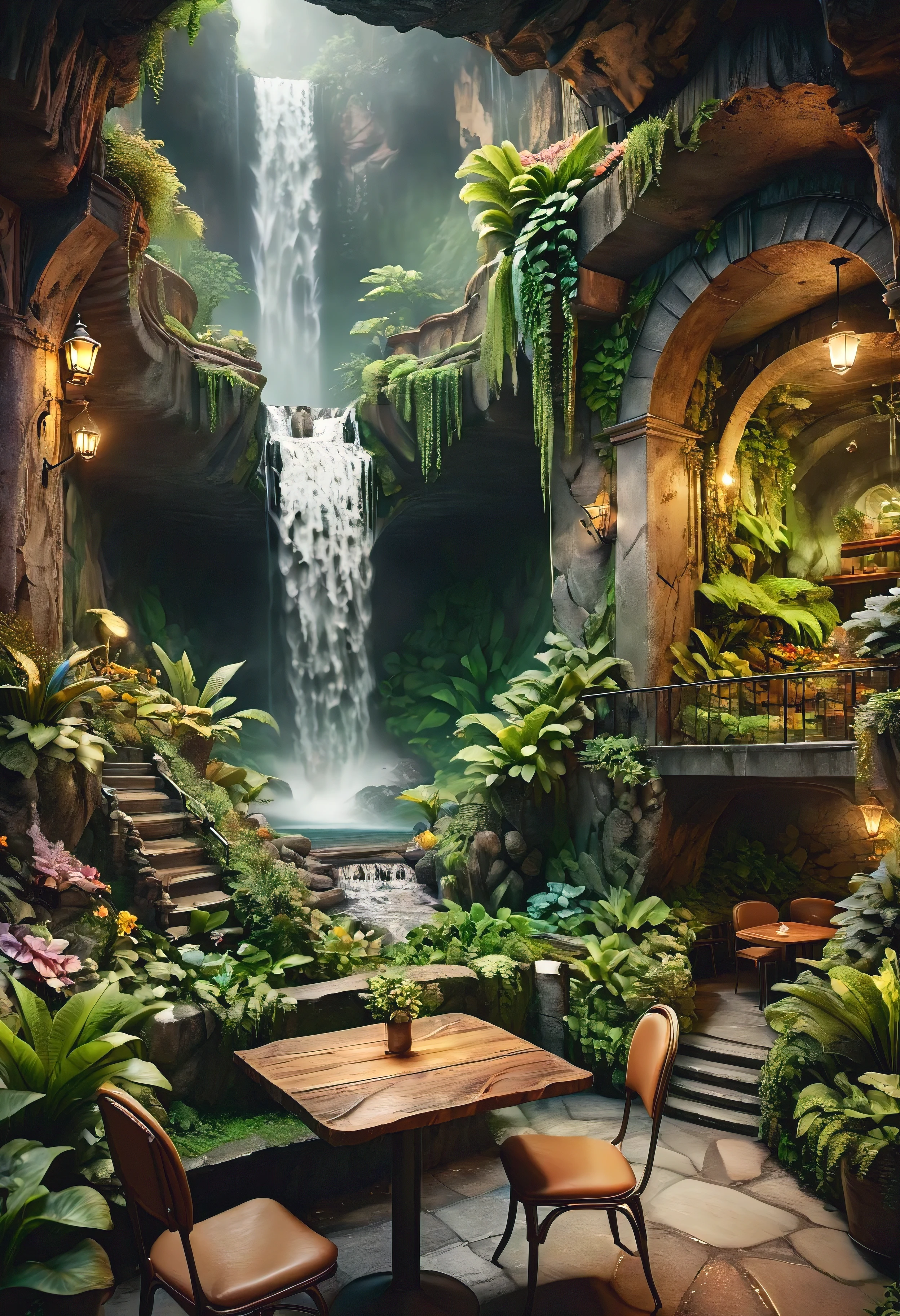 (Masterpiece in maximum 16K resolution), the best quality, (very detailed CG unity 16k wallpaper quality),(Soft colors 16k highly detailed digital art),Super Detailed. | Perfect image,16k UE5,editorial photograph, superfine, Depth of field, no contrast, clean sharp focus, professional, No blurring. | Dark underground,dark cavern, dark scene. | The corner table and chair area on the cafe garden terrace overlooks the vast underground garden, beautiful underground waterfall, amazing wallpapers, beautiful surroundings, optimistic matte painting, Beautiful digital artwork, cozy cafe background, Beautiful and detailed scenes, UHD underground, UHD landscape,Relaxing concept art, beautiful underground garden. | (((More detail))).