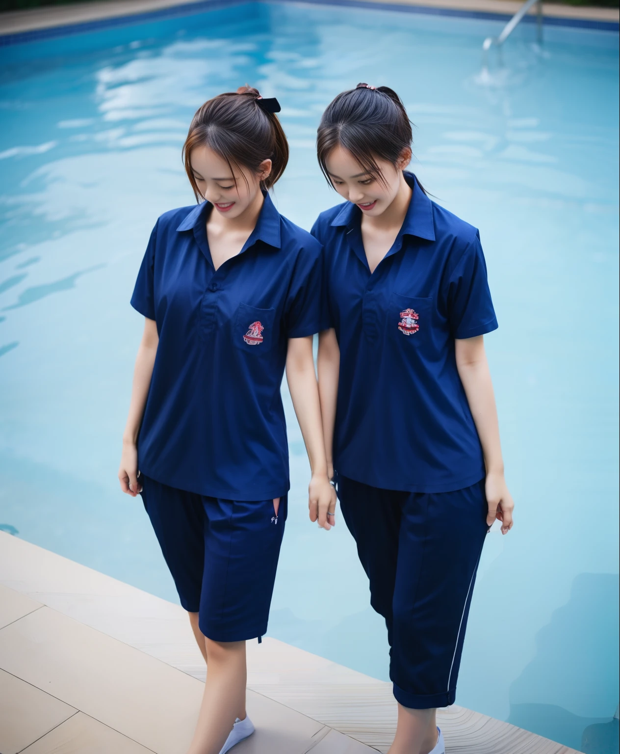 Two women in blue uniforms standing next to a pool - SeaArt AI