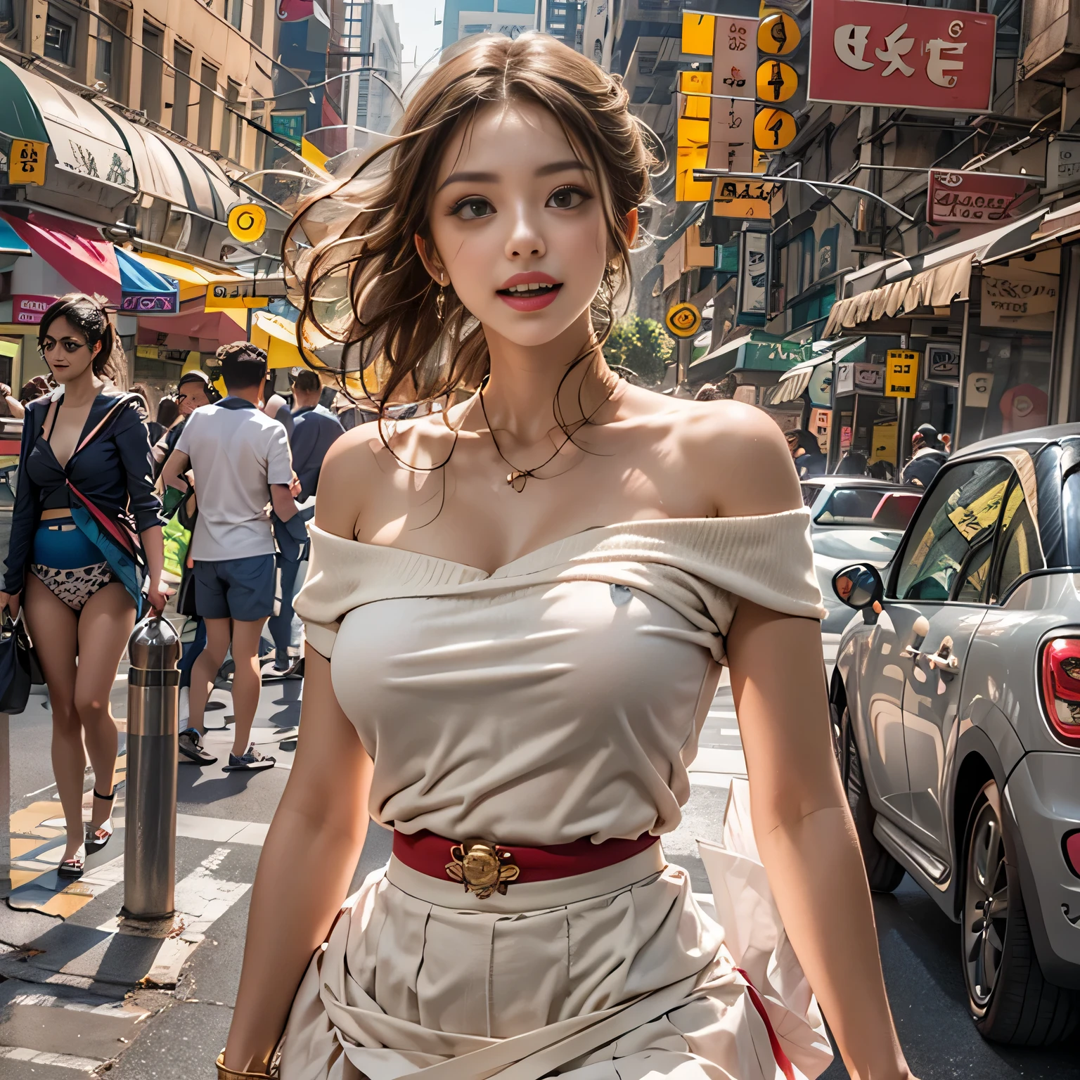 (Woman walking the streets of New York),realistic, High resolution, soft light,1 female, alone,((Off shoulder white dress mini skirt)) hip up, (detailed face), jewelry, street wear, Eyes that invite the viewer, Spouse&#39;perspective, attractive appearance, sexy smile, perfect style, perfect balance, fine skin, naughty look, I can see your breasts、((Skirt soars in the wind)),((lift the skirt))、、((I can see her white thong panties))