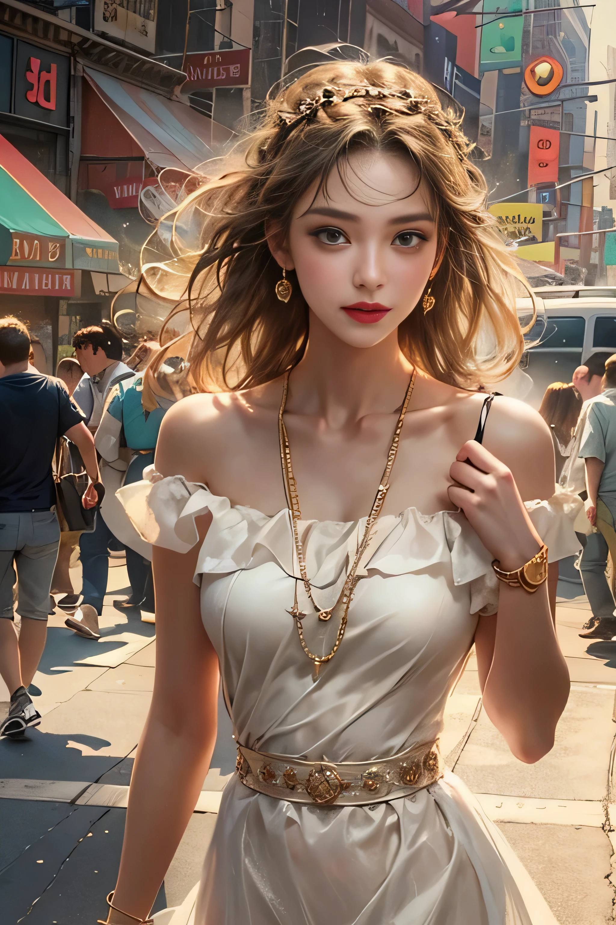(Woman walking the streets of New York)、(career woman)、realistic, High resolution, soft light,1 female, alone,(off shoulder white dress,flare skirt) hip up, (detailed face), jewelry, street wear, Eyes that invite the viewer, Spouse&#39;perspective, attractive appearance, sexy smile, perfect style, perfect balance, fine skin, naughty look, I can see your breasts