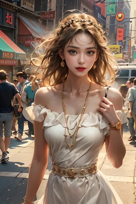 (Woman walking the streets of New York)、(career woman)、realistic, High resolution, soft light,1 female, alone,(off shoulder whit...