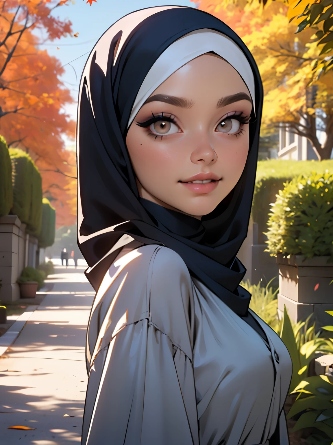 3dmm style, Masterpiece, realistic, best quality, best lighting, beautiful mature Czech woman, 1 girl photo solo, beautifully makeup, eyeshadow, Parted Lips, Detailed Eyes, Big eyes, brown eyes, long eye lashes, dimples on the cheeks, smile, wearing ((Dark blue satin hijab)), loosely tide hijab style, ((gray satin shirt and satin long skirt)), (Half-body portrait), Front view, Symmetric Centre, facing the viewer, walking on trails autumn garden.