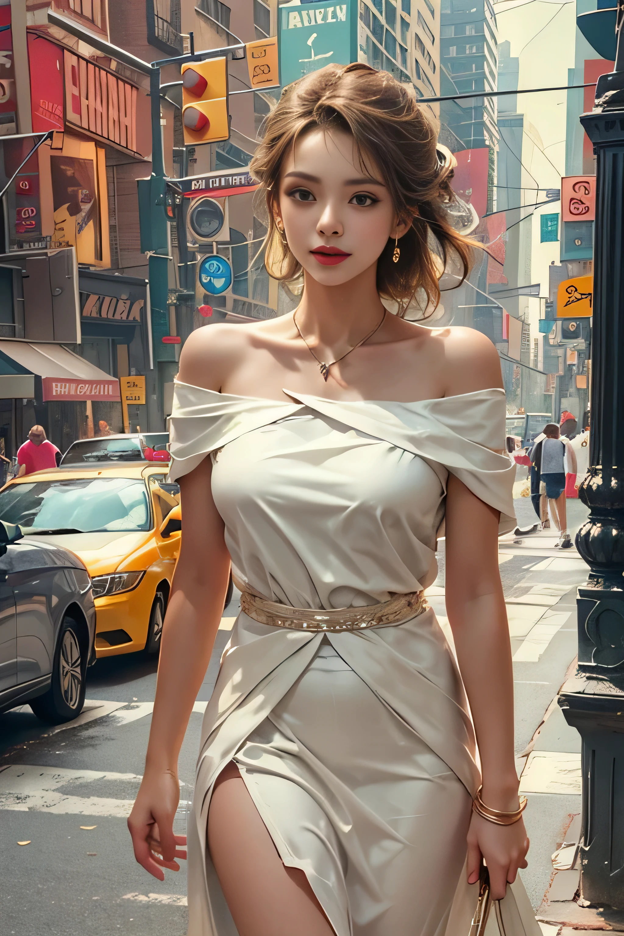 (Woman walking the streets of New York)、realistic, High resolution, soft light,1 female, alone,(off shoulder white dress,flare skirt) hip up, (detailed face), jewelry, street wear, Eyes that invite the viewer, Spouse&#39;perspective, attractive appearance, sexy smile, perfect style, perfect balance, fine skin, naughty look, I can see your breasts