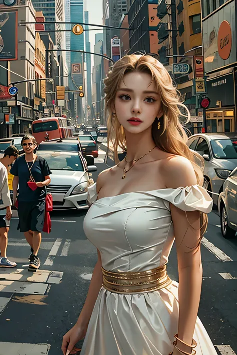 (Woman walking the streets of New York)、realistic, High resolution, soft light,1 female, alone,(off shoulder white dress,flare s...