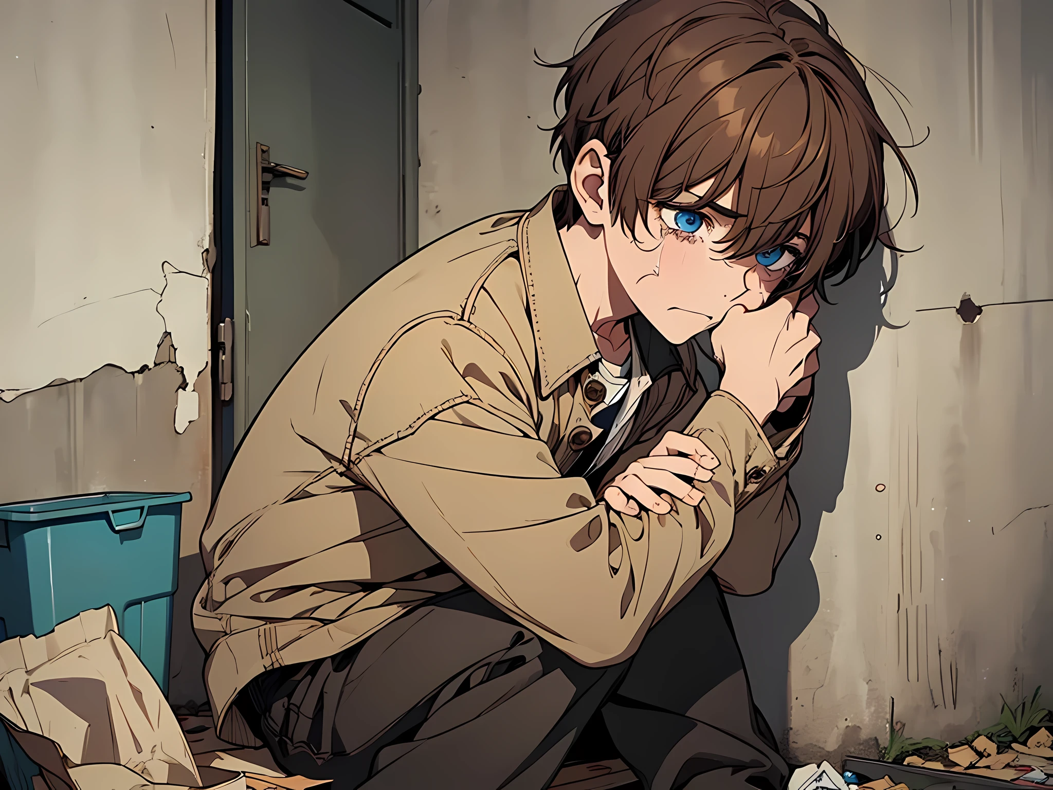 1 little boy, brown hair, short hair, crying, wounds in his hand, wearing torn clothes, frightened facial expression, face to detail, detailed eyes, perfect hands, sitting in the corner, the background is near the trash, full-body illustration