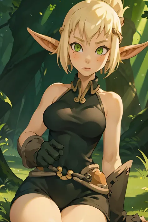 ((ultra quality)), ((masterpiece)), Evangelyne - Wakfu, Wakfu style, ((blonde short hair, evangelina hairstyle)), (Beautiful face), (beautiful female lips), (elven long ears), charming, ((sexy facial expression)), looks at the camera, eyes slightly open, (skin color white), (White skin), glare on the body, ((detailed beautiful female eyes)), ((dark green eyes)), (juicy female lips), (dark eyeliner), (beautiful female hands), ((ideal female figure)), ideal female body, beautiful waist, gorgeous thighs, beautiful medium breasts, ((subtle and beautiful)), sexy sits (close up of face), (black clothes Evangelyne - wakfu season 1, clothes from the first season of the animated series, white top) background: the forest, ((depth of field)), ((high quality clear image)), (clear details), ((high detail)), realistically, professional photo session, ((Clear Focus)), anime