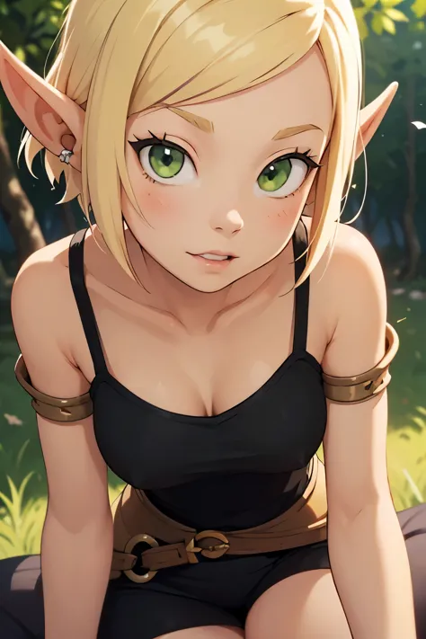 ((ultra quality)), ((masterpiece)), Evangelyne - Wakfu, Wakfu style, ((blonde short hair, evangelina hairstyle)), (Beautiful face), (beautiful female lips), (elven long ears), charming, ((sexy facial expression)), looks at the camera, eyes slightly open, (skin color white), (White skin), glare on the body, ((detailed beautiful female eyes)), ((dark green eyes)), (juicy female lips), (dark eyeliner), (beautiful female hands), ((ideal female figure)), ideal female body, beautiful waist, gorgeous thighs, beautiful medium breasts, ((subtle and beautiful)), sexy sits (close up of face), (black clothes Evangelyne - wakfu season 1, clothes from the first season of the animated series, white top) background: the forest, ((depth of field)), ((high quality clear image)), (clear details), ((high detail)), realistically, professional photo session, ((Clear Focus)), anime