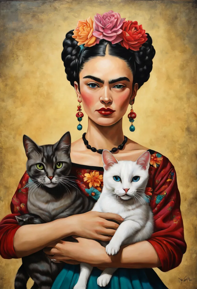 painting of a woman with two cats in her arms, inspired by Kahlo, frida, inspired by Frida Kahlo, inspired by Vladimir Tretchiko...