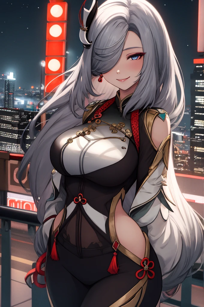 Shenhe, tight outfit, voluptuous, seductive, 1girl, smiling, hair over one eye,night city view,  realistic, best quality, masterpiece, ultra detail, ultra high res, extreme detail, 8k