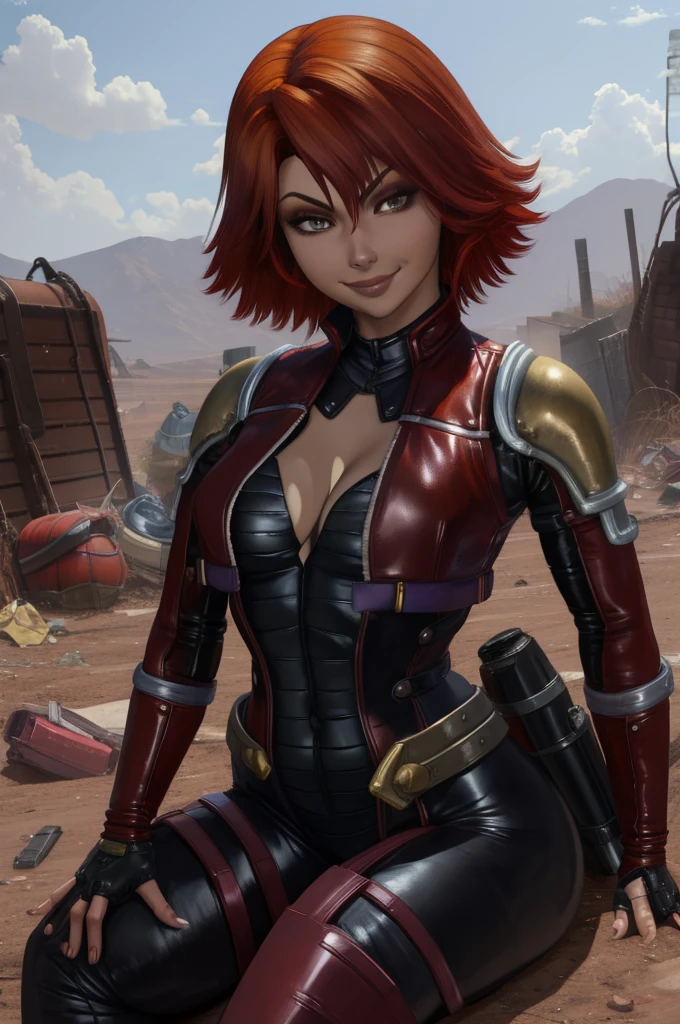 Mamiya, red hair,  brown eyes, 
shoulder pads, leather leotard,  cleavage, long sleeves, fingerless gauntlets,  hips, 
solo, sitting,  smile,  cowboy shot,  metal chair, 
wasteland, junk yard, 
(insanely detailed, beautiful detailed face, masterpiece, best quality),     