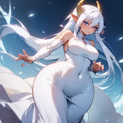 (((I want a dragon woman alone, light skin, long white hair with hairstyle, cold blue eyes, slightly curvy body, medium breasts,...