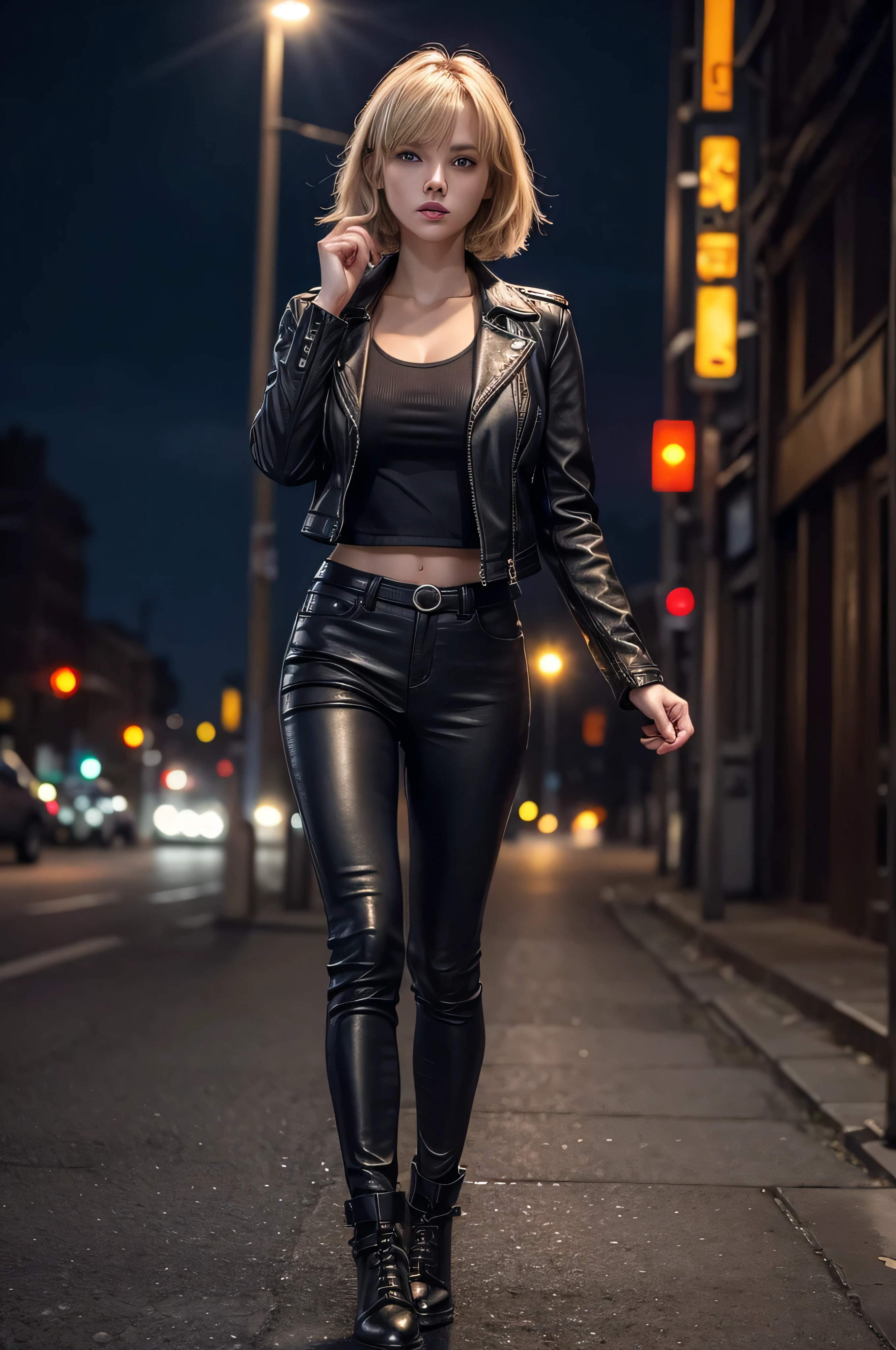 full body Realism, 16-year-old girl, short boyish blond hair, bangs falling on her face, blue eyes, slightly open mouth, red lips, beautiful hairstyle, light makeup, round breasts, in a leather jacket, tight leather pants, beautiful shoes on her feet, walking city street in the background , detailed appearance, detailed hairstyle, detailed environment, detailed background, dark futuristic dead city in the background, the photo was taken with a photorealistic SLR camera, resolution full hd, 8K