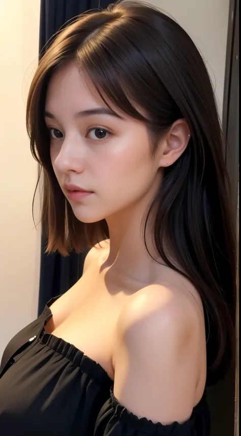 (masutepiece), (pov close up), Best Quality, masutepiece, (Photorealistic:1.2), 1womanl, selphie,  Front view, Realistic skin, (Round face), curtain fringe messy hair, Brown hair, human skin imperfection, Blackout lighting, Full body, off shoulder、backshot...