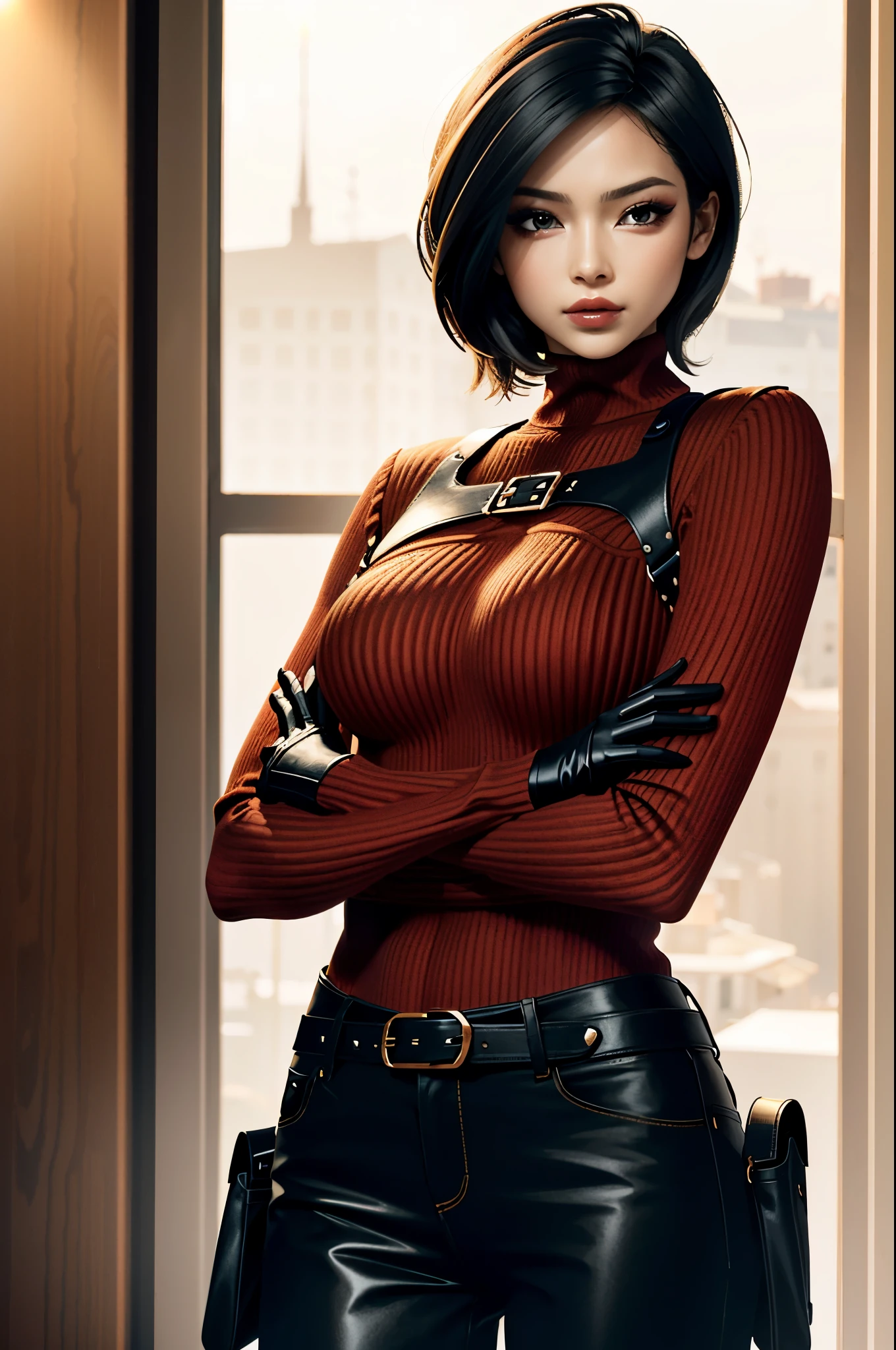 (masterpiece, best quality)
AdaWongRE,  1girl, solo, breasts, looking at viewer, short hair, large breasts, black hair, gloves, brown eyes, multicolored hair, belt, two-tone hair, sweater, lips, bodysuit, makeup, crossed arms, lipstick, ribbed sweater, realistic
