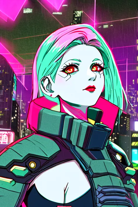 Rebecca\(Cyberpunk\), 1girl, green hair, colored tips, full moon, With red eyes, Jacket, Long sleeves, view the viewer, Medium h...